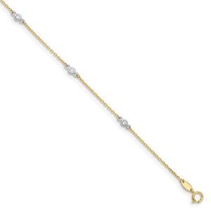 14k Two-Tone Gold and CZ Station Adjustable Anklet, 9 Inch